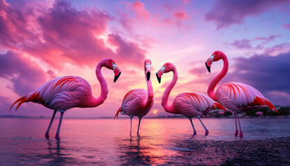 Fototapeta premium Flamingos gather at sunset coastal lagoon wildlife photography serene waterscape vibrant colors nature's beauty