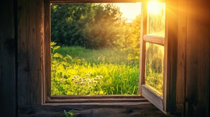 Sunlight Streaming Through Open Wooden Window into Lush Green Field