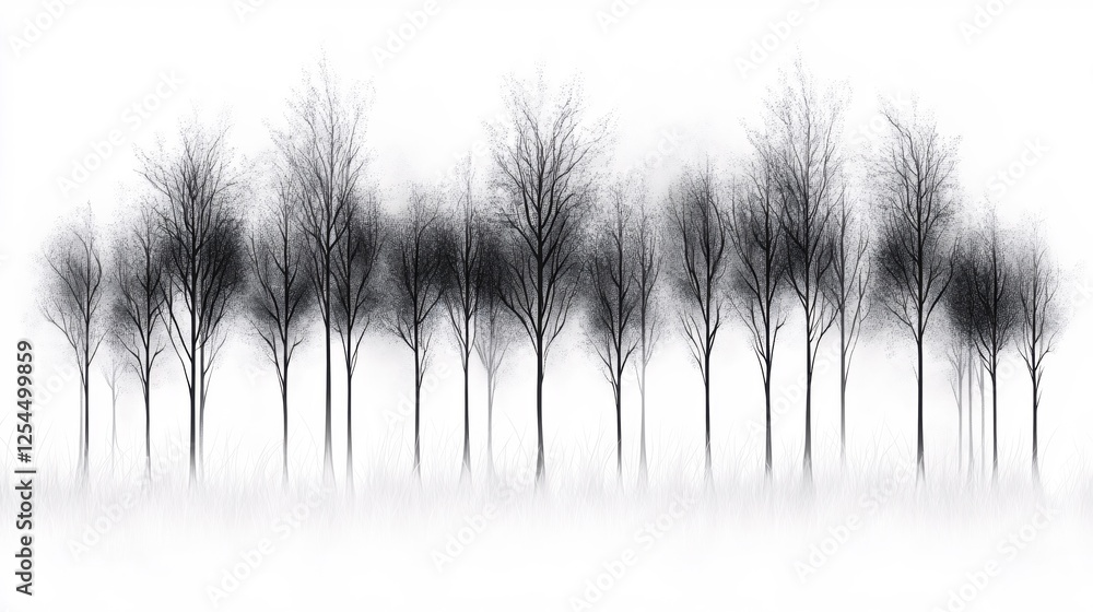 Poster minimalist black trees in white foggy landscape with soft focus and subtle texture