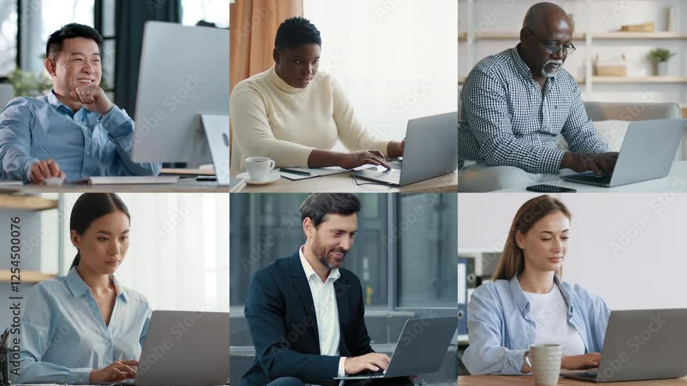 Poster A diverse group of six individuals is focused on their laptops in a modern office environment. They display a range of expressions while engaged in their work tasks.