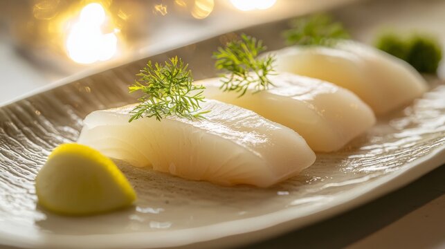 Geoduck (Mirugai) presented on a white ceramic plate, illuminated by studio lighting to highlight the fresh, raw geoduck served with lemon