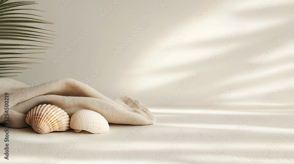 Poster peaceful serene scene featuring two seashells resting on soft fabric, surrounded by gentle shadows and hint of greenery, evoking calm and tranquil atmosphere