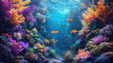 Naklejka premium Colorful Coral Reef with Vibrant Fish in Underwater Paradise Scene
