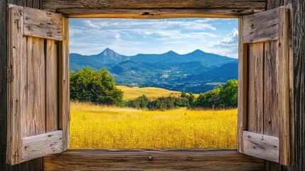 Scenic Mountain View from a Rustic Window Frame in Nature's Splendor