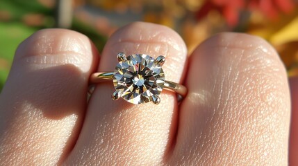 Obraz premium Close-up of Sparkling Engagement Ring with Diamond on Hand