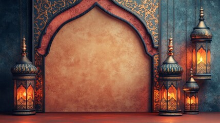 Elegant Ramadan frame featuring traditional Islamic motifs and lanterns, decorative borders, isolated on a clean background