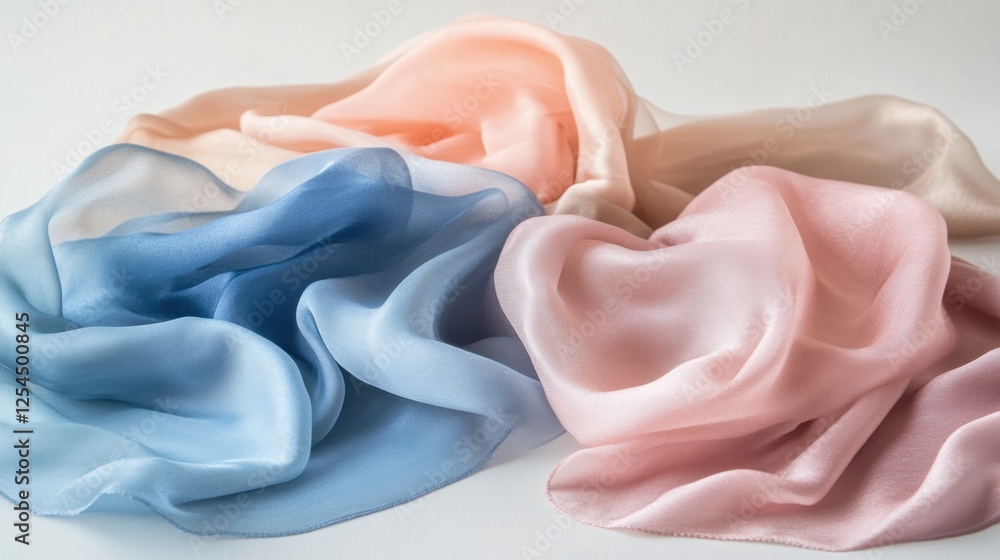 Aufkleber silk fabrics in soft pastel colors draped on a neutral background with elegant tones and ample blank