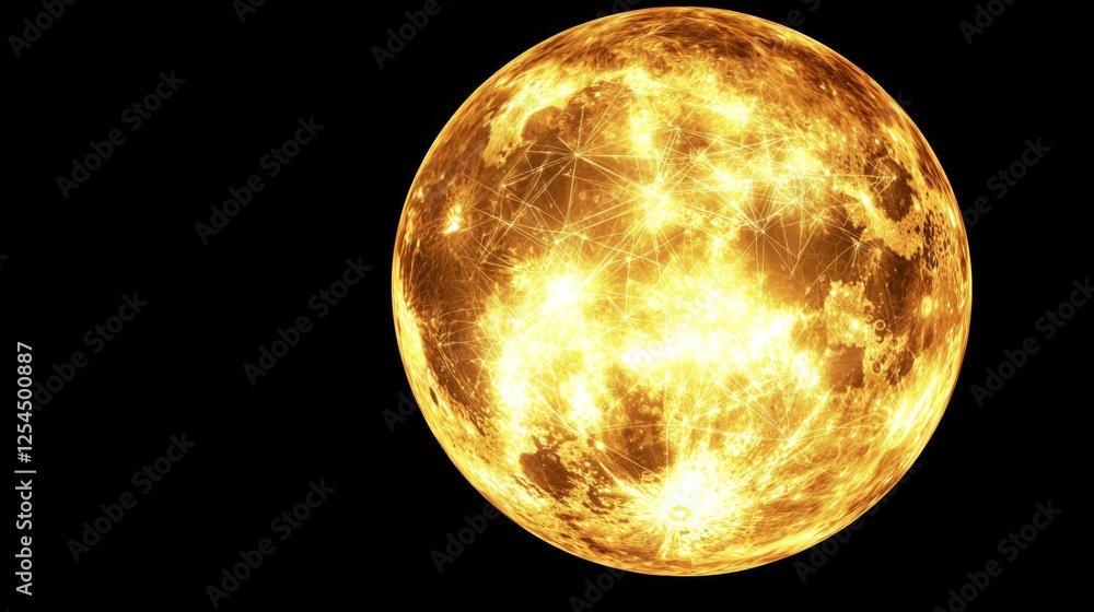 Poster bright golden celestial sphere illuminating night sky with intricate geometric patterns and connecti