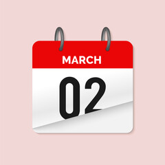 2nd March daily calendar icon template. March 2 day calendar design. Single day calendar in vector illustration flat style.