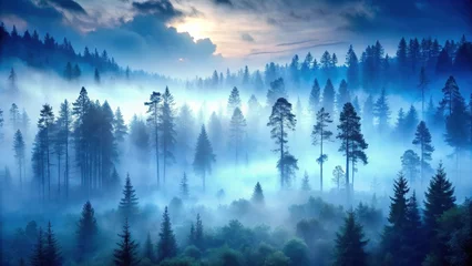 Sierkussen Mistig bos Mysterious foggy forest at dusk, isolated wilderness, mysterious forest  © Watcharapon