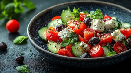 A vibrant salad featuring fresh tomatoes, cucumbers, black olives, and feta cheese garnished with basil, perfect for healthy meals, summer gatherings, or Mediterranean cuisine.