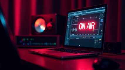 Modern live radio studio with glowing On Air sign. Sleek microphone, headphones, LED-lit mixing console and laptop screen. Pocast setting for blog content, record in progress.
