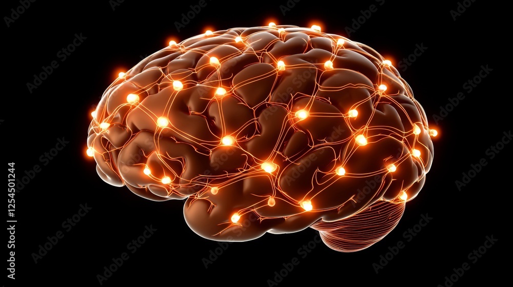 Poster anatomical representation of a human brain with neural connections and glowing nodes on a black back