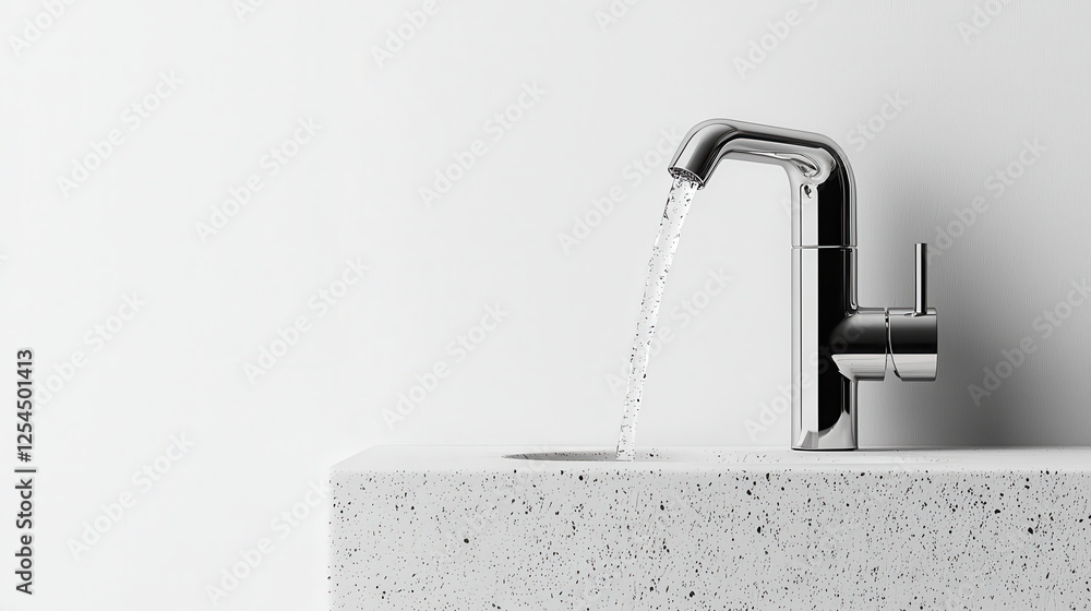 Poster sleek chrome faucet in minimalist design, featuring smooth water flow against textured countertop, a