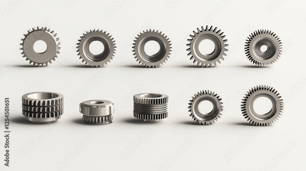 Poster high resolution 3d illustration of various metallic gears arranged in row, showcasing different size