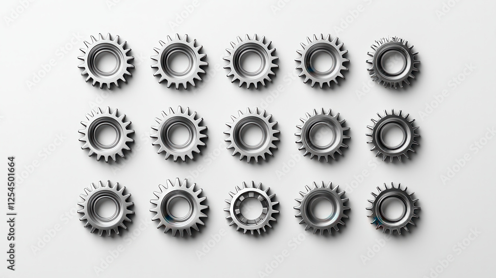 Poster high resolution 3d illustration of metallic gears arranged in grid. gears feature sleek design with 