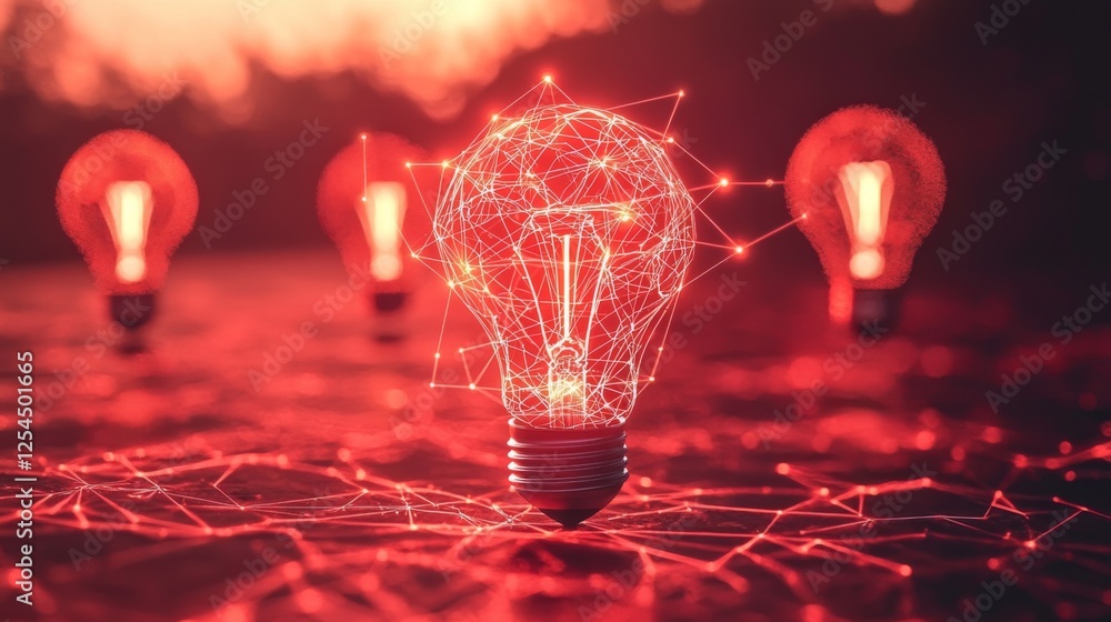 Poster futuristic red light bulbs with abstract connections illuminating a dark background in a conceptual 