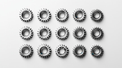 High resolution 3D illustration of metallic gears arranged in grid. gears feature sleek design with shiny surface, showcasing intricate details and reflections