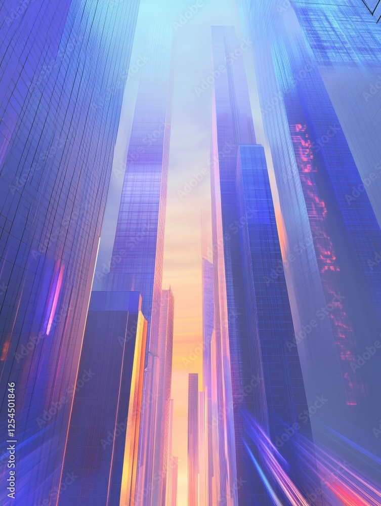 Poster futuristic cityscape featuring tall skyscrapers under a vibrant sky at dusk with glowing elements an