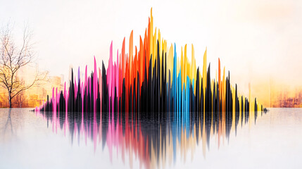 Colorful abstract sculpture reflecting in water, showcasing vibrant hues and sharp peaks. artwork creates striking visual impact against soft background