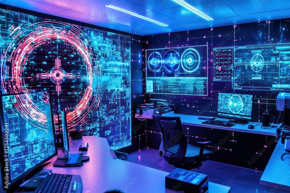 Poster quantum cryptography key exchanges depicted in action via holograms in a lab.