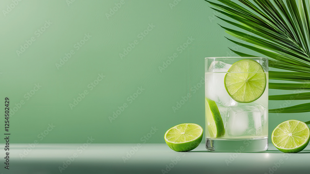 Poster refreshing light yellow drink in tall glass with lime slices and ice, surrounded by fresh limes and 