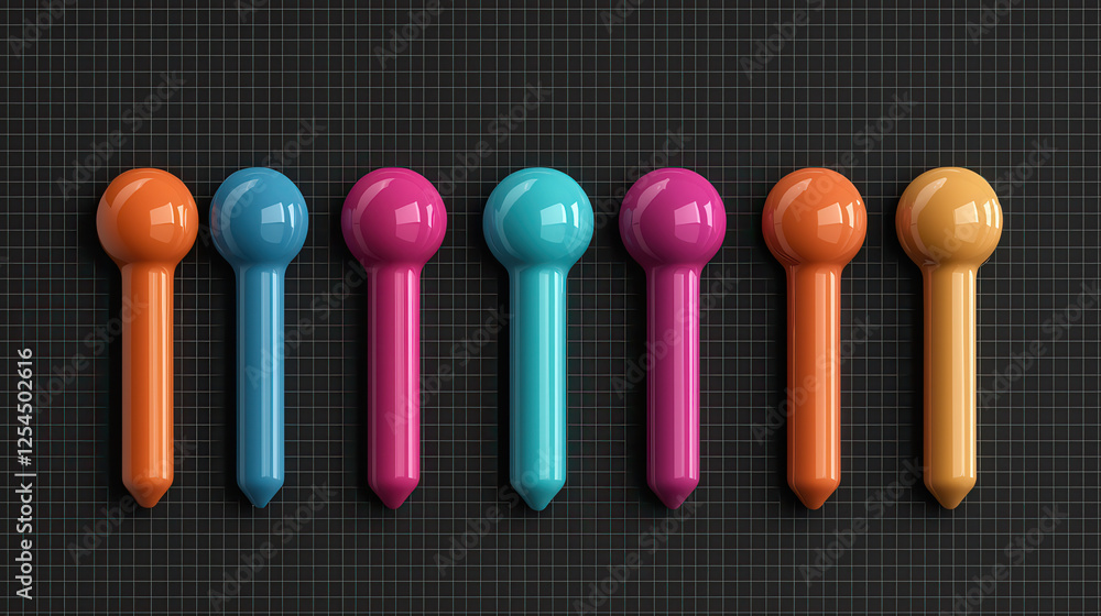 Poster colorful 3d position pins arranged in seamless row on grid background, showcasing vibrant hues of or