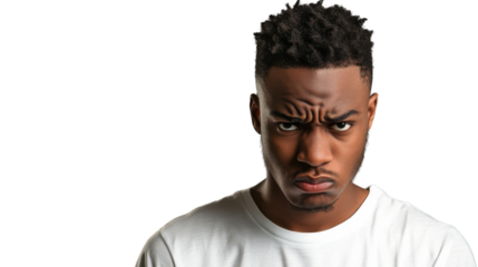 Young man frowning and showing displeasure with transparent background