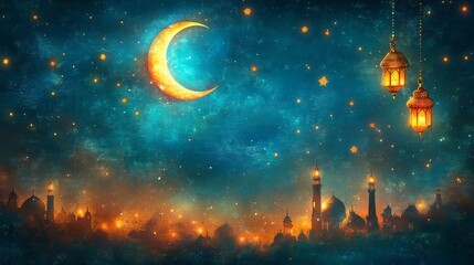 Naklejka premium Festive Eid card illustration with crescent moon, stars, and lanterns, vibrant colors, Islamic patterns 
