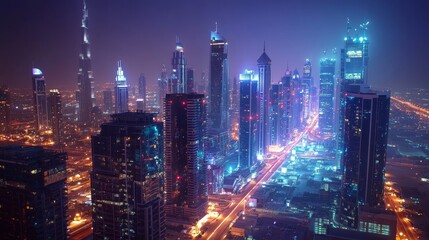 Fototapeta premium Glowing Cityscape: IoT-Powered Smart Lights & Automated Buildings Illuminate Urban Night Scene