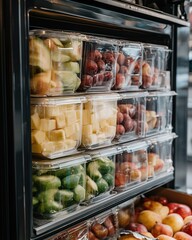 Fresh fruit in plastic containers on a shelf ready to eat healthy food concept