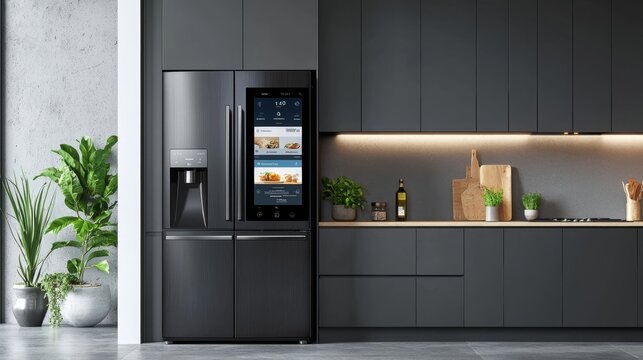 Futuristic Smart Kitchen with IoT-Enabled Appliances and Digital Smart Refrigerator Display