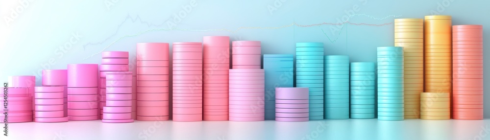Poster a colorful arrangement of stacked cylindrical objects in varying heights, showcasing a gradient of p