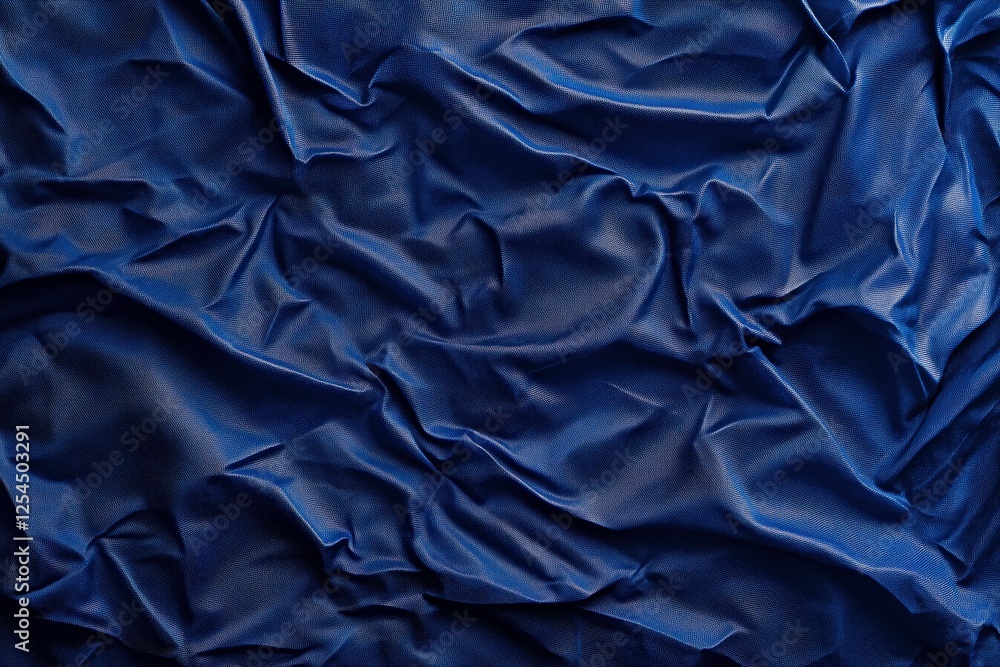 Poster Deep Blue Abstract: A close-up abstract image of a smooth, deep blue fabric creating a mesmerizing abstract pattern with its delicate wrinkles. The image radiates an aura of mystery and tranquility.
