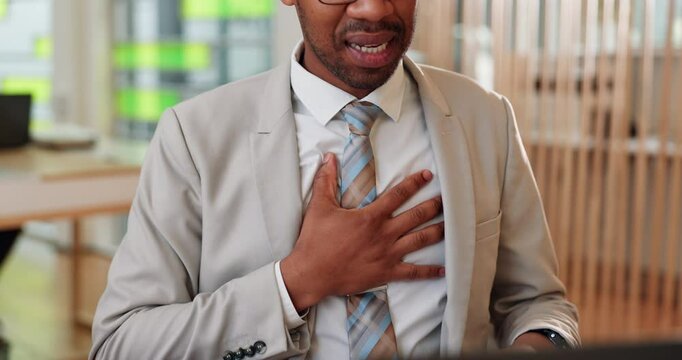 Hands, chest pain and stress by laptop in office with illness, sick or heart attack at corporate law firm. Person, lawyer or attorney with cardiac arrest, panic and anxiety for crisis at workplace