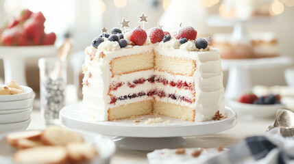 Sliced American flag cake with stars and stripes, festive mood in a bright indoor setting