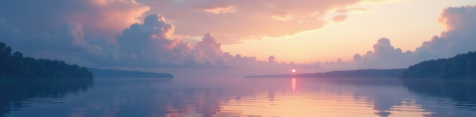 Fototapeta premium Soft wispy clouds float above a serene lake surface at dusk, clouds, evening