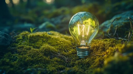 Green light bulb on moss in a forest, a sustainable development concept
