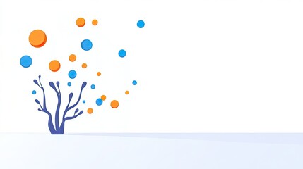 A minimalist illustration featuring a stylized tree with colorful circles representing leaves against a white background.