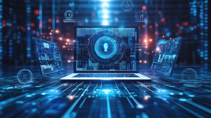 A digital scene featuring laptops displaying cybersecurity concepts and data streams.
