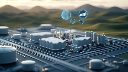 sleek industrial plant situated on light green plains, showcasing advanced technology and data visualization. landscape features rolling hills and modern facility