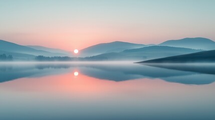 Misty Sunrise Over Calm Lake with Mountain Reflections