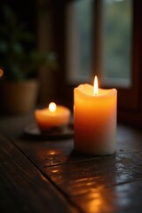 Warm candlelight dances across wooden surface, serene, candle