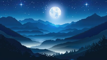 Fototapeta premium A full moon lights a misty valley mountains silhouettes and stars twinkle in the dark blue sky creating a peaceful night atmosphere.