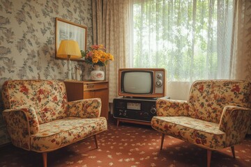 Fototapeta premium Vintage living room, floral chairs, TV, window