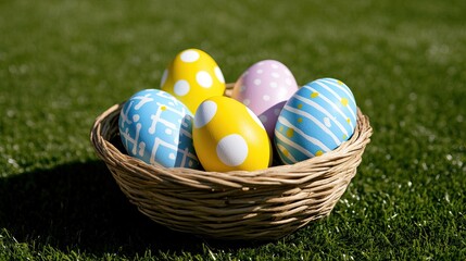 A colorful basket filled with decorated Easter eggs sits on green grass.