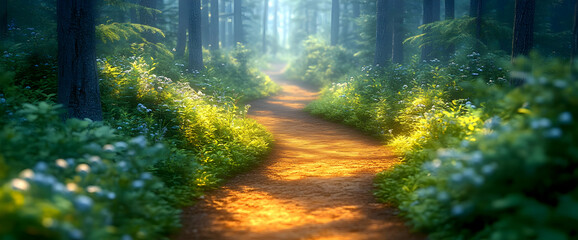 Obraz premium Sunlit Path Through Lush Green Forest
