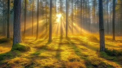 Obraz premium Sunbeams Illuminating a Misty Forest