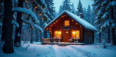 Warmly lit windows and doors of a cozy cabin amidst the snowy woods, cozy, snow, lights