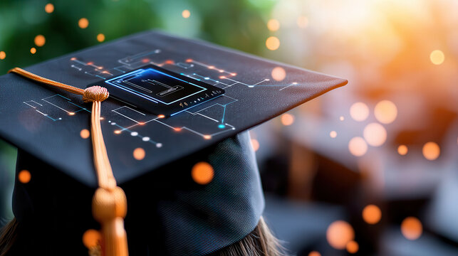 tech infused graduation cap featuring integrated sensors and digital elements symbolizes innovation in education. This modern design reflects future of learning and technology